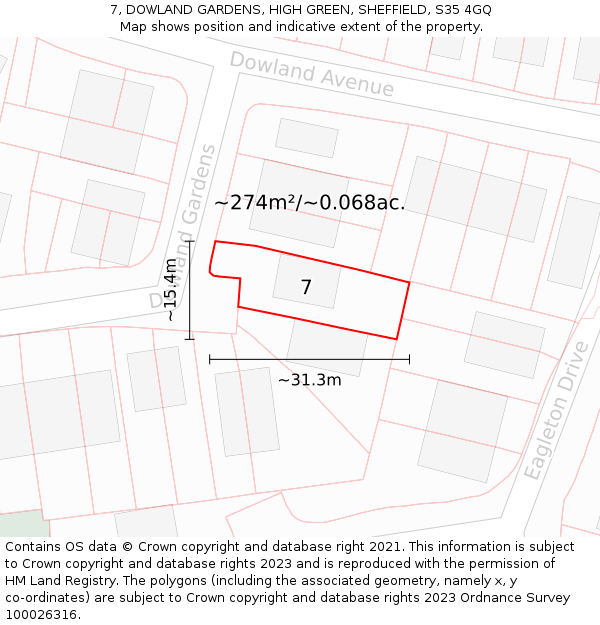 7, DOWLAND GARDENS, HIGH GREEN, SHEFFIELD, S35 4GQ: Plot and title map