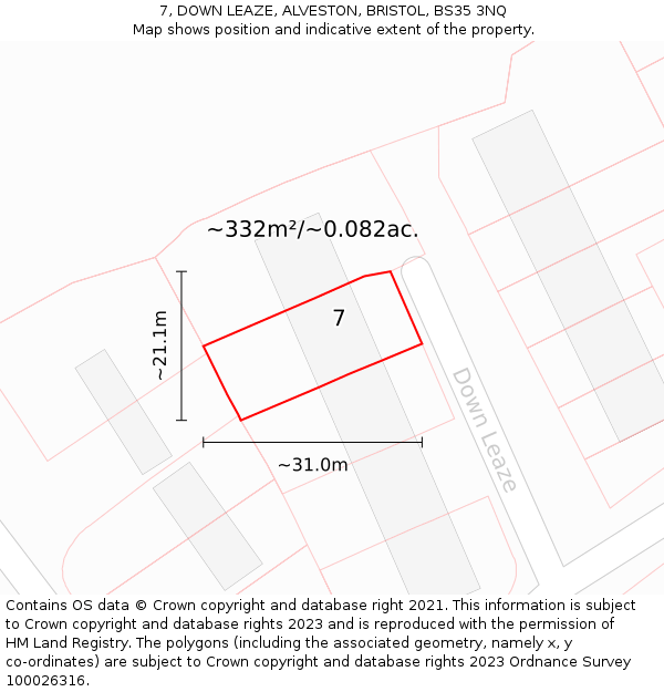 7, DOWN LEAZE, ALVESTON, BRISTOL, BS35 3NQ: Plot and title map