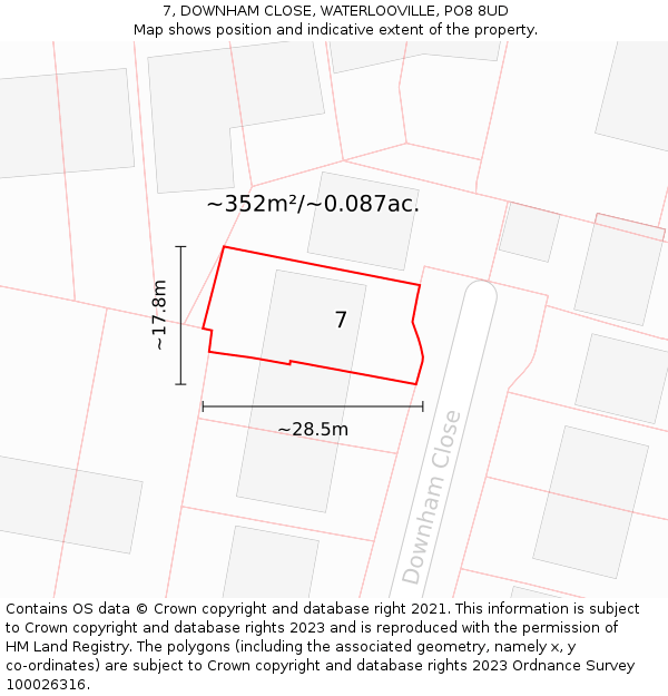 7, DOWNHAM CLOSE, WATERLOOVILLE, PO8 8UD: Plot and title map