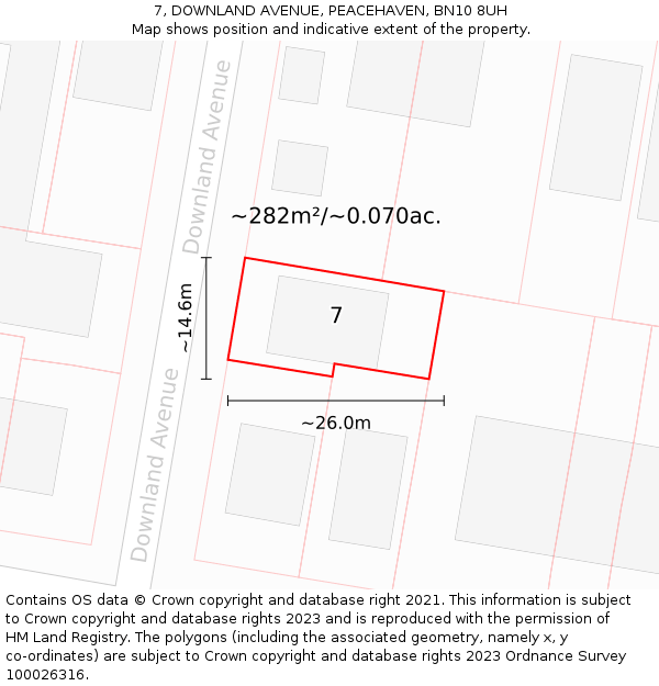 7, DOWNLAND AVENUE, PEACEHAVEN, BN10 8UH: Plot and title map