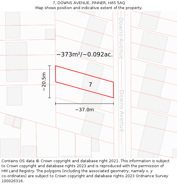 7, DOWNS AVENUE, PINNER, HA5 5AQ: Plot and title map