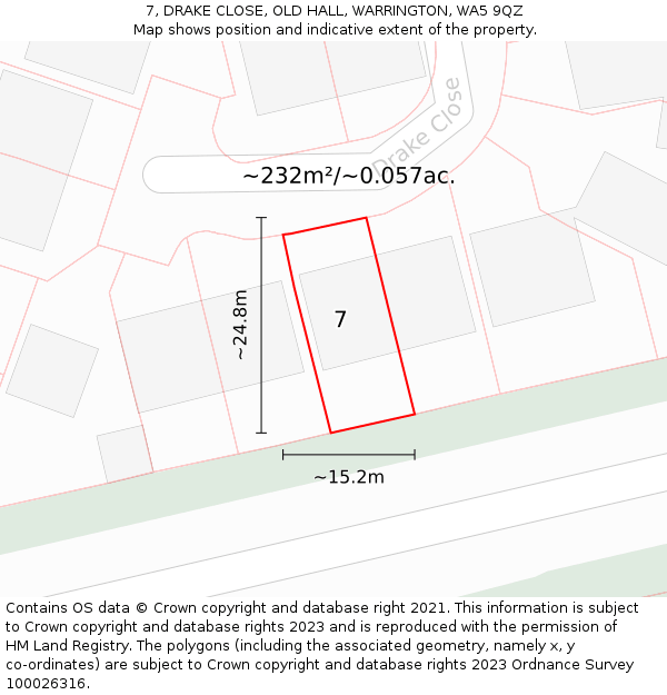 7, DRAKE CLOSE, OLD HALL, WARRINGTON, WA5 9QZ: Plot and title map