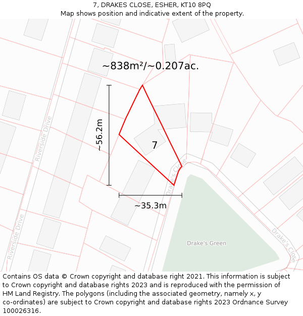 7, DRAKES CLOSE, ESHER, KT10 8PQ: Plot and title map