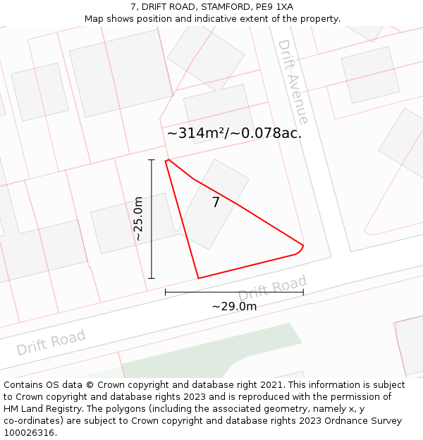 7, DRIFT ROAD, STAMFORD, PE9 1XA: Plot and title map