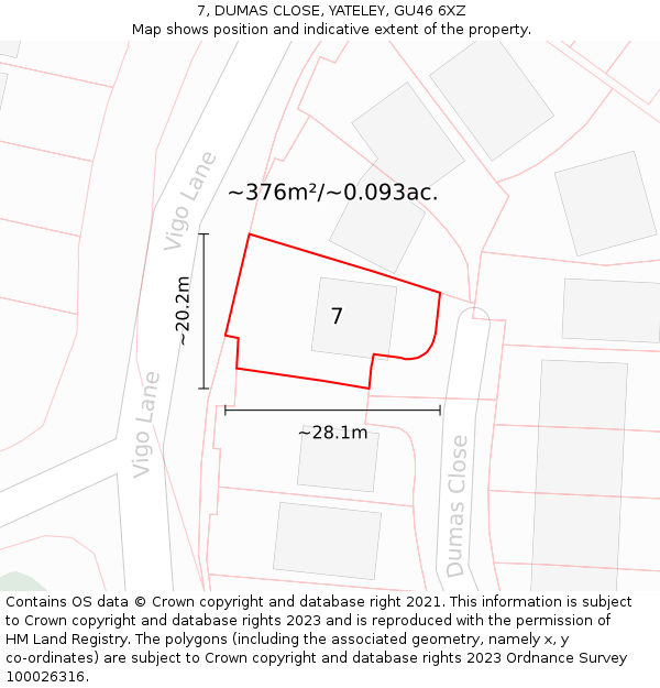 7, DUMAS CLOSE, YATELEY, GU46 6XZ: Plot and title map