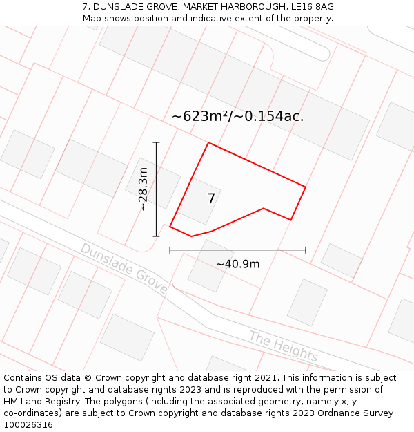 7, DUNSLADE GROVE, MARKET HARBOROUGH, LE16 8AG: Plot and title map