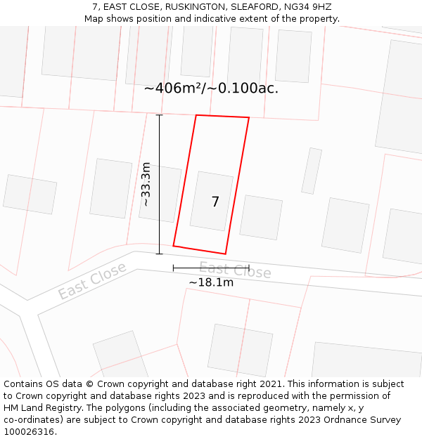 7, EAST CLOSE, RUSKINGTON, SLEAFORD, NG34 9HZ: Plot and title map