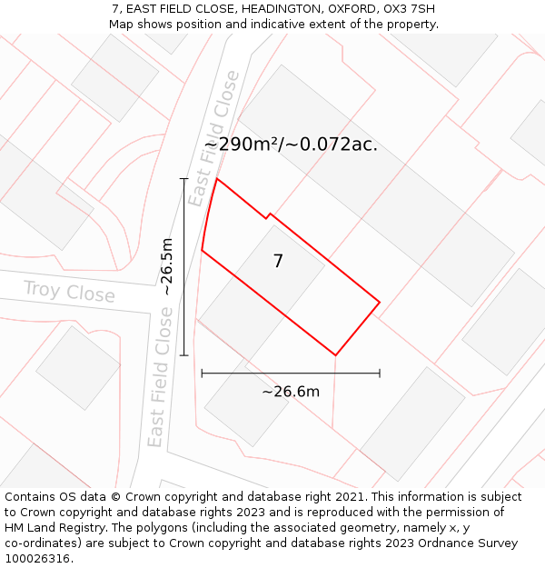 7, EAST FIELD CLOSE, HEADINGTON, OXFORD, OX3 7SH: Plot and title map