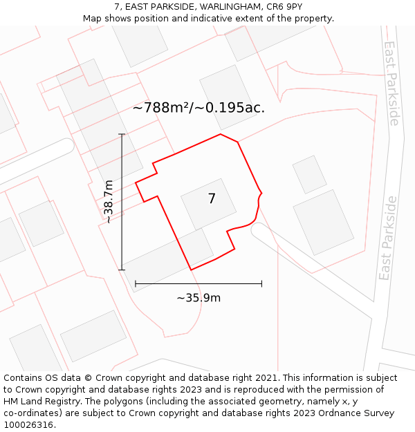 7, EAST PARKSIDE, WARLINGHAM, CR6 9PY: Plot and title map