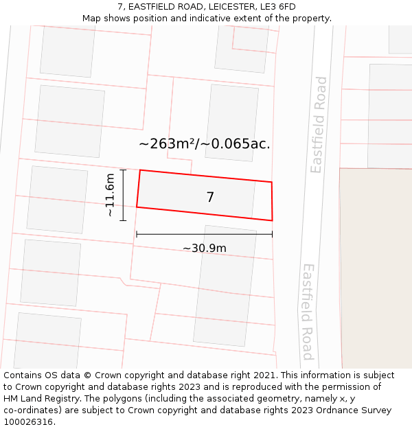 7, EASTFIELD ROAD, LEICESTER, LE3 6FD: Plot and title map