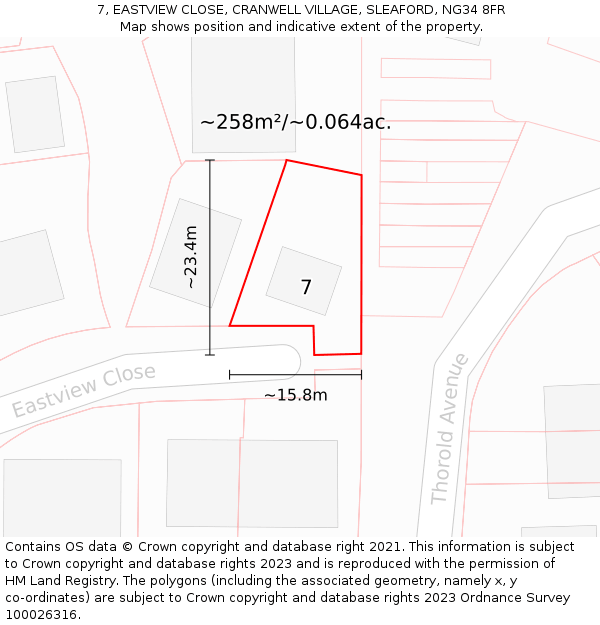 7, EASTVIEW CLOSE, CRANWELL VILLAGE, SLEAFORD, NG34 8FR: Plot and title map