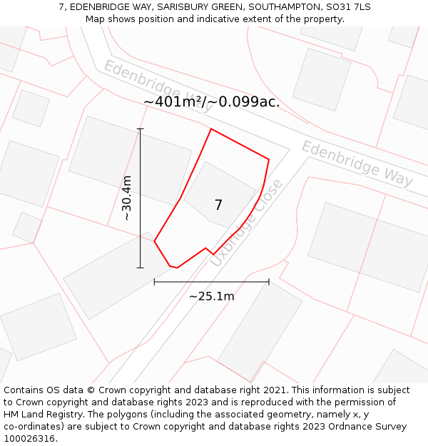 7, EDENBRIDGE WAY, SARISBURY GREEN, SOUTHAMPTON, SO31 7LS: Plot and title map