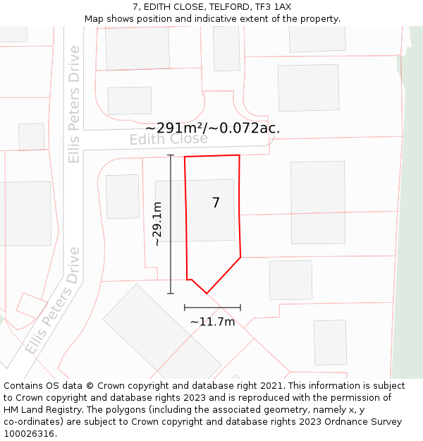 7, EDITH CLOSE, TELFORD, TF3 1AX: Plot and title map