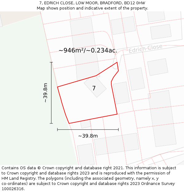 7, EDRICH CLOSE, LOW MOOR, BRADFORD, BD12 0HW: Plot and title map