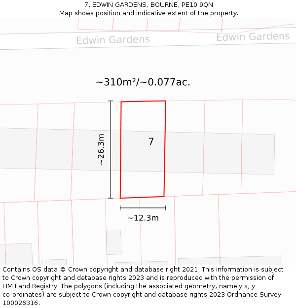 7, EDWIN GARDENS, BOURNE, PE10 9QN: Plot and title map