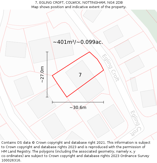 7, EGLING CROFT, COLWICK, NOTTINGHAM, NG4 2DB: Plot and title map