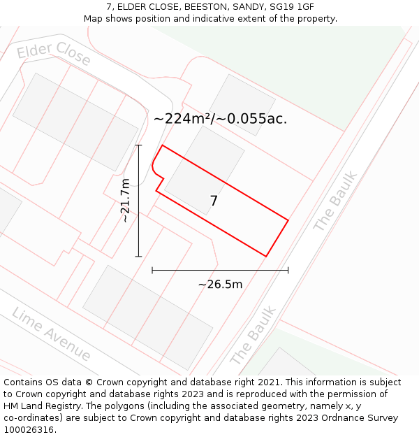 7, ELDER CLOSE, BEESTON, SANDY, SG19 1GF: Plot and title map