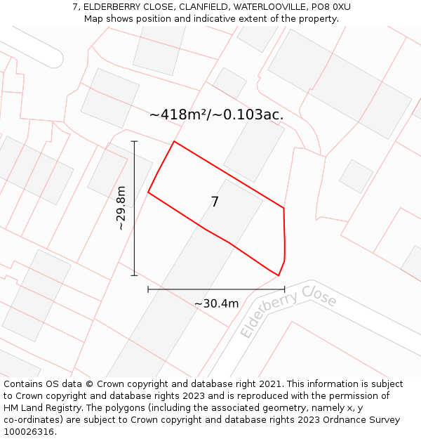 7, ELDERBERRY CLOSE, CLANFIELD, WATERLOOVILLE, PO8 0XU: Plot and title map