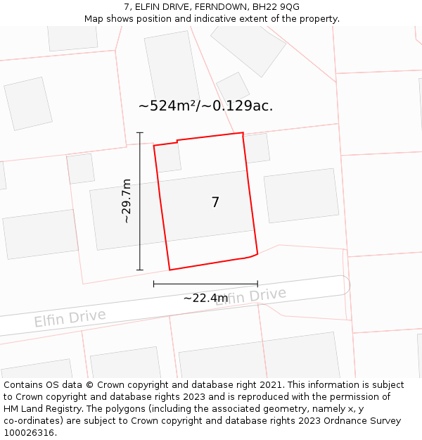 7, ELFIN DRIVE, FERNDOWN, BH22 9QG: Plot and title map