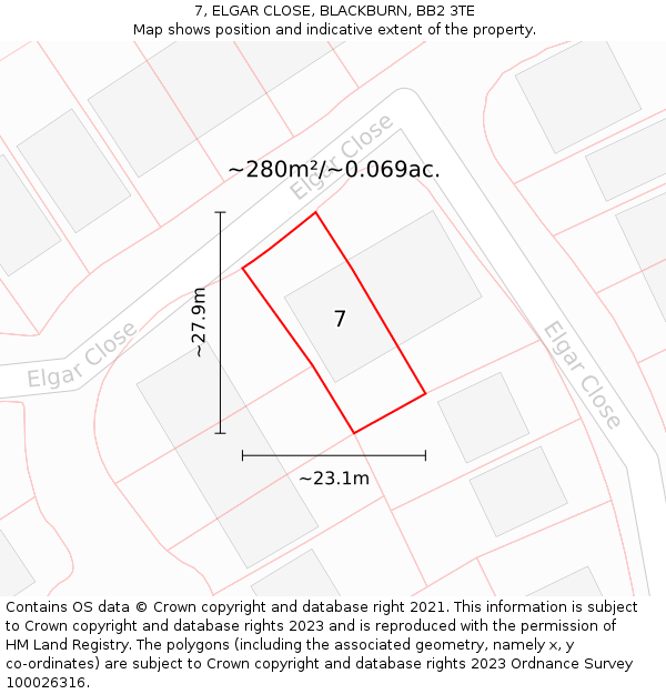 7, ELGAR CLOSE, BLACKBURN, BB2 3TE: Plot and title map