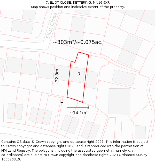 7, ELIOT CLOSE, KETTERING, NN16 9XR: Plot and title map