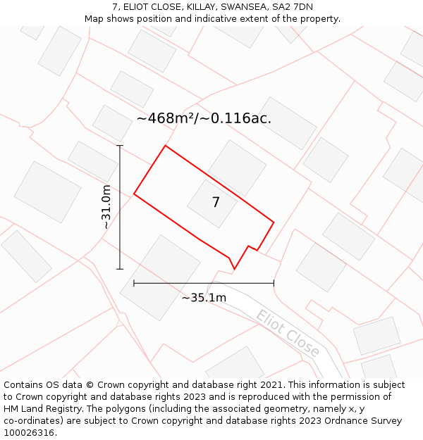 7, ELIOT CLOSE, KILLAY, SWANSEA, SA2 7DN: Plot and title map