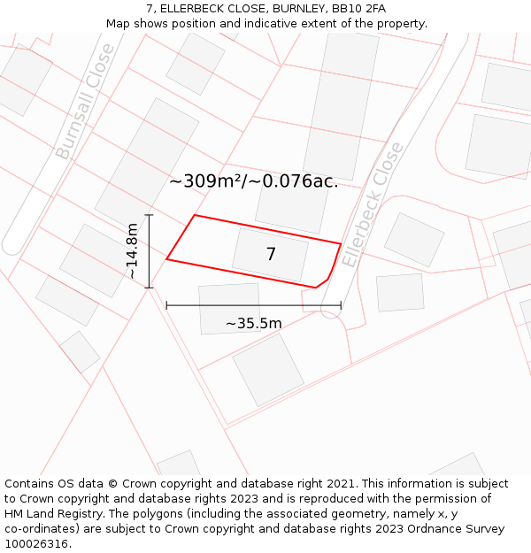 7, ELLERBECK CLOSE, BURNLEY, BB10 2FA: Plot and title map