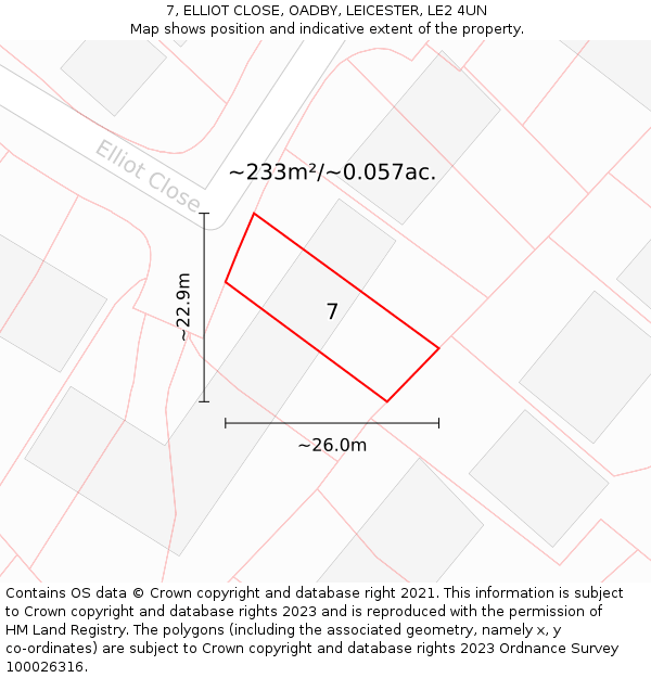 7, ELLIOT CLOSE, OADBY, LEICESTER, LE2 4UN: Plot and title map