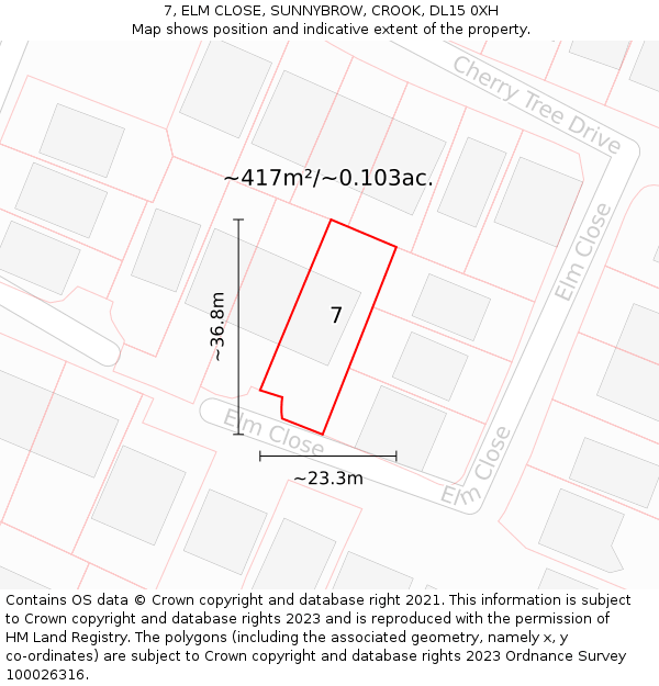 7, ELM CLOSE, SUNNYBROW, CROOK, DL15 0XH: Plot and title map