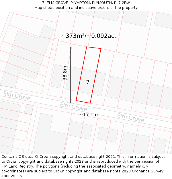 7, ELM GROVE, PLYMPTON, PLYMOUTH, PL7 2BW: Plot and title map