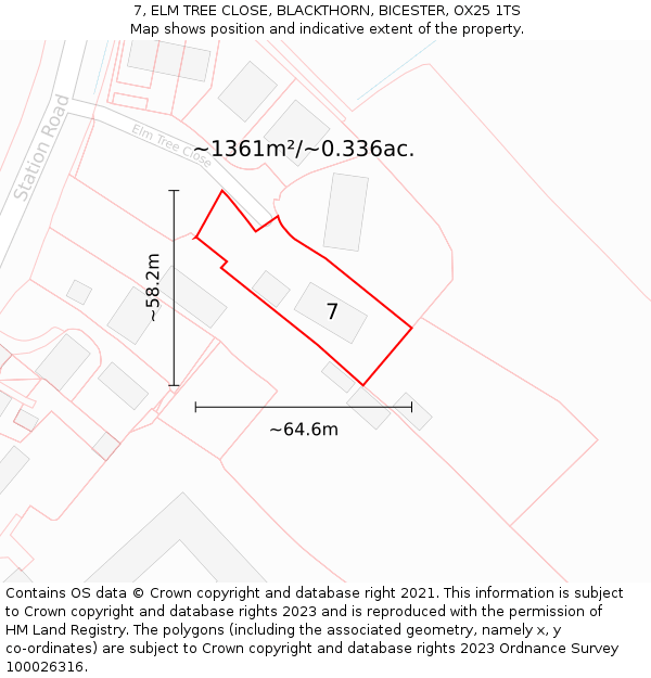 7, ELM TREE CLOSE, BLACKTHORN, BICESTER, OX25 1TS: Plot and title map