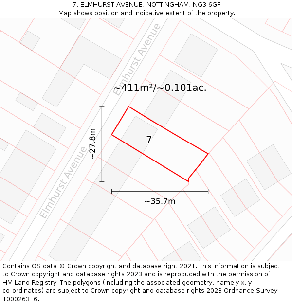 7, ELMHURST AVENUE, NOTTINGHAM, NG3 6GF: Plot and title map