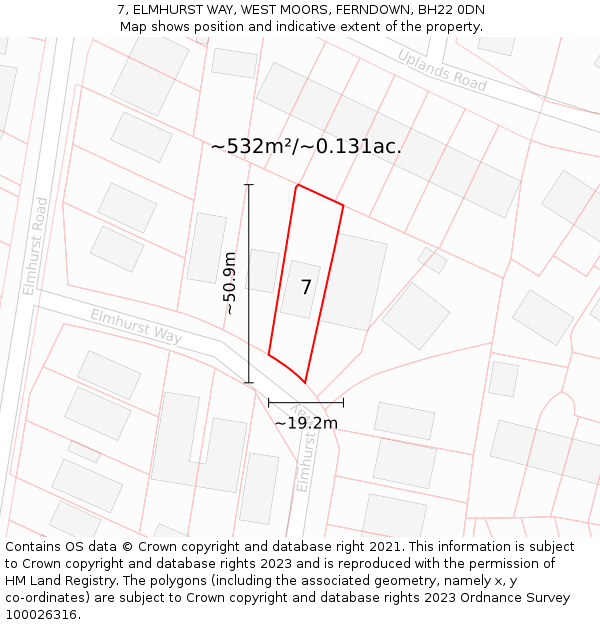 7, ELMHURST WAY, WEST MOORS, FERNDOWN, BH22 0DN: Plot and title map