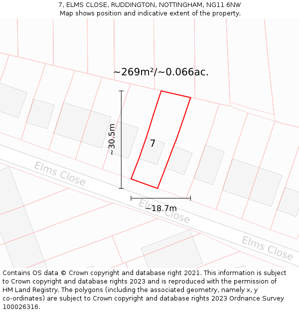 7, ELMS CLOSE, RUDDINGTON, NOTTINGHAM, NG11 6NW: Plot and title map