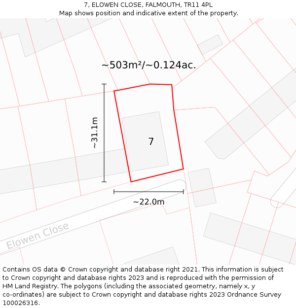 7, ELOWEN CLOSE, FALMOUTH, TR11 4PL: Plot and title map