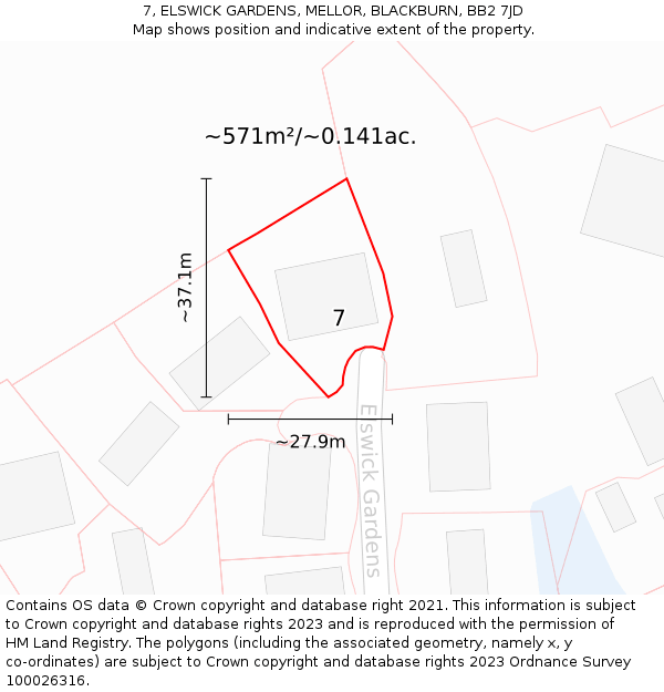 7, ELSWICK GARDENS, MELLOR, BLACKBURN, BB2 7JD: Plot and title map