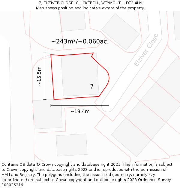 7, ELZIVER CLOSE, CHICKERELL, WEYMOUTH, DT3 4LN: Plot and title map