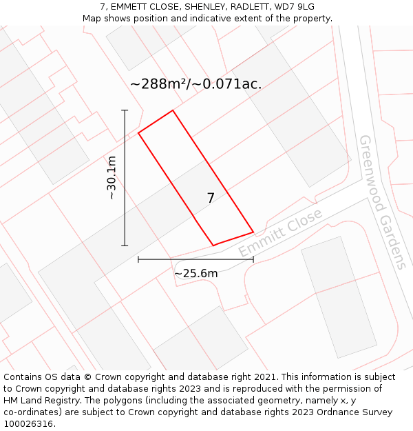 7, EMMETT CLOSE, SHENLEY, RADLETT, WD7 9LG: Plot and title map