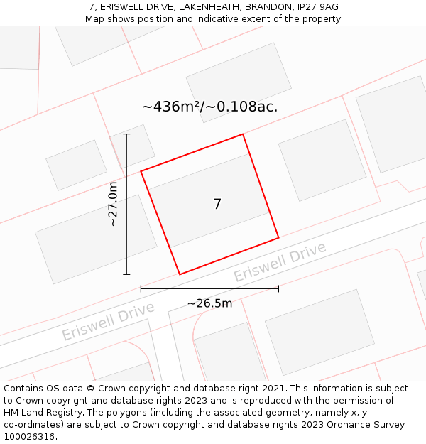 7, ERISWELL DRIVE, LAKENHEATH, BRANDON, IP27 9AG: Plot and title map