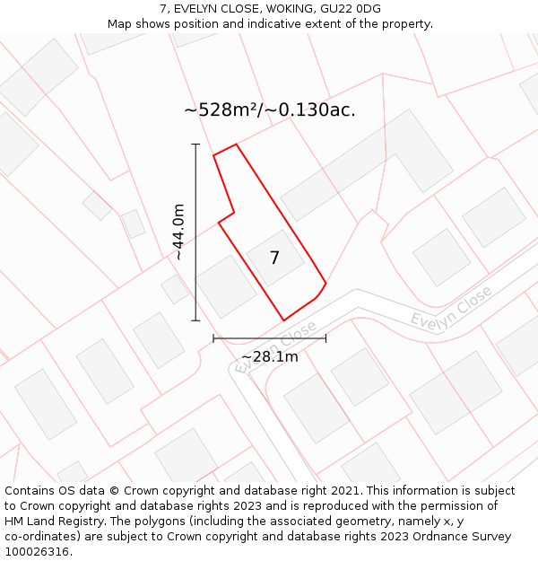 7, EVELYN CLOSE, WOKING, GU22 0DG: Plot and title map