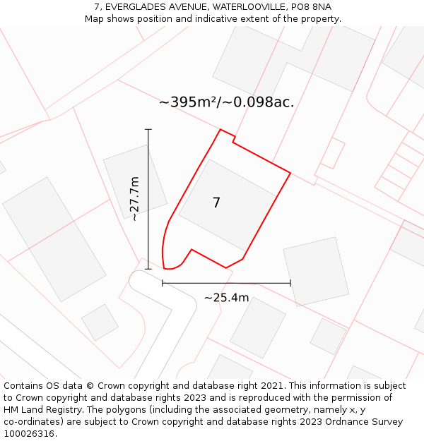 7, EVERGLADES AVENUE, WATERLOOVILLE, PO8 8NA: Plot and title map