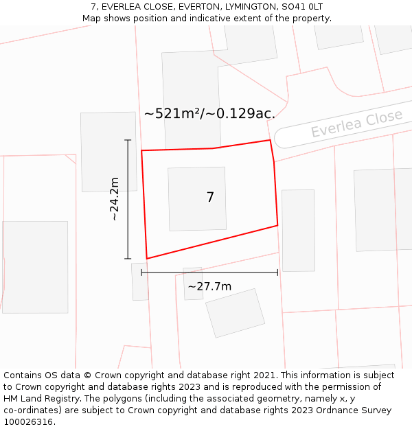 7, EVERLEA CLOSE, EVERTON, LYMINGTON, SO41 0LT: Plot and title map