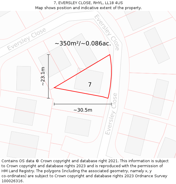 7, EVERSLEY CLOSE, RHYL, LL18 4US: Plot and title map