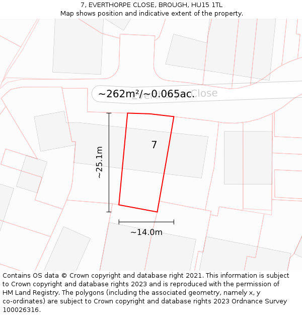 7, EVERTHORPE CLOSE, BROUGH, HU15 1TL: Plot and title map