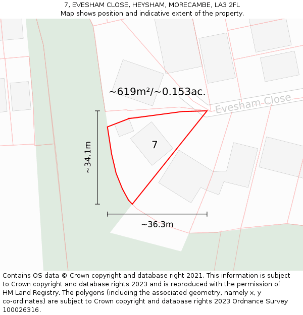 7, EVESHAM CLOSE, HEYSHAM, MORECAMBE, LA3 2FL: Plot and title map