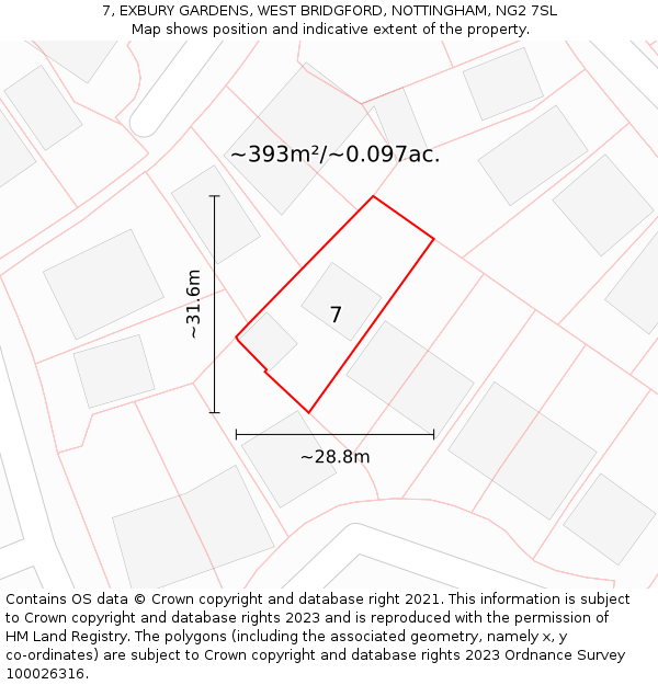 7, EXBURY GARDENS, WEST BRIDGFORD, NOTTINGHAM, NG2 7SL: Plot and title map