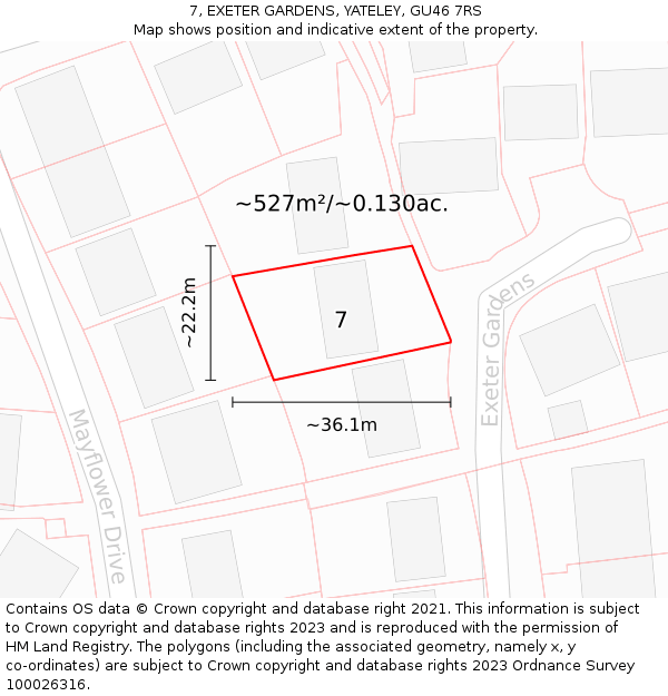 7, EXETER GARDENS, YATELEY, GU46 7RS: Plot and title map