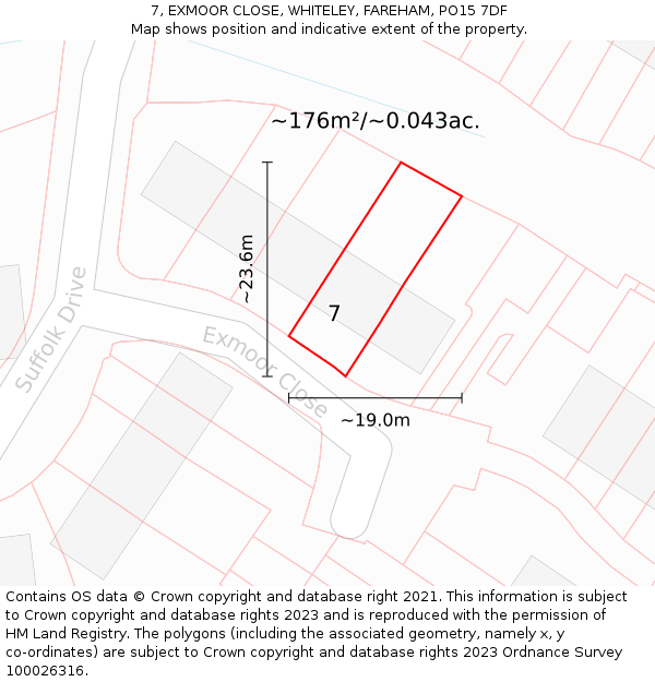 7, EXMOOR CLOSE, WHITELEY, FAREHAM, PO15 7DF: Plot and title map