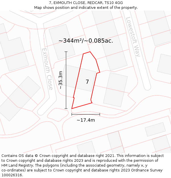 7, EXMOUTH CLOSE, REDCAR, TS10 4GG: Plot and title map