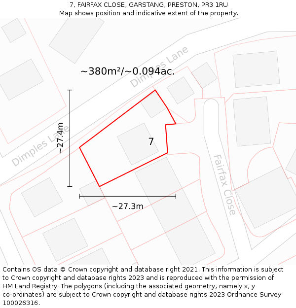 7, FAIRFAX CLOSE, GARSTANG, PRESTON, PR3 1RU: Plot and title map